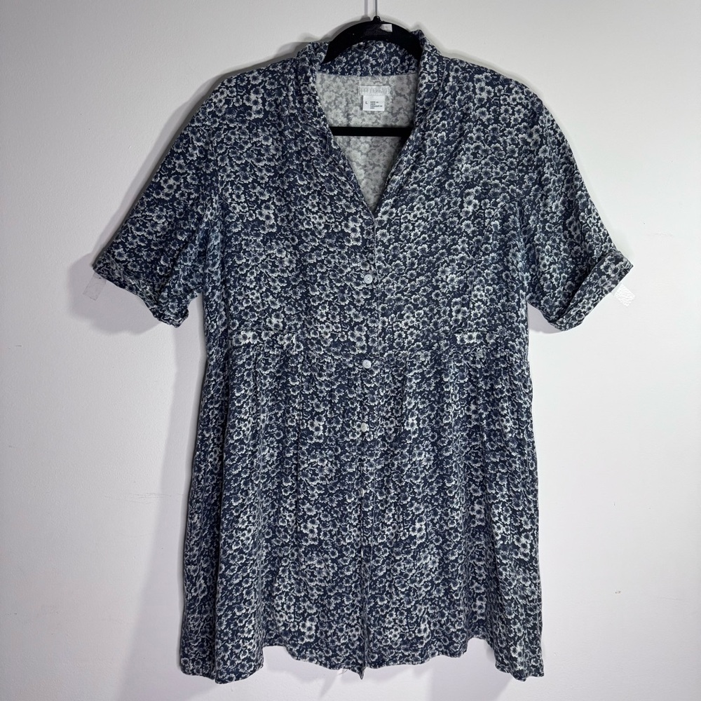 Cooperative Blue Floral Tunic Blouse Large Boho Rayon Button Front Babydoll Top